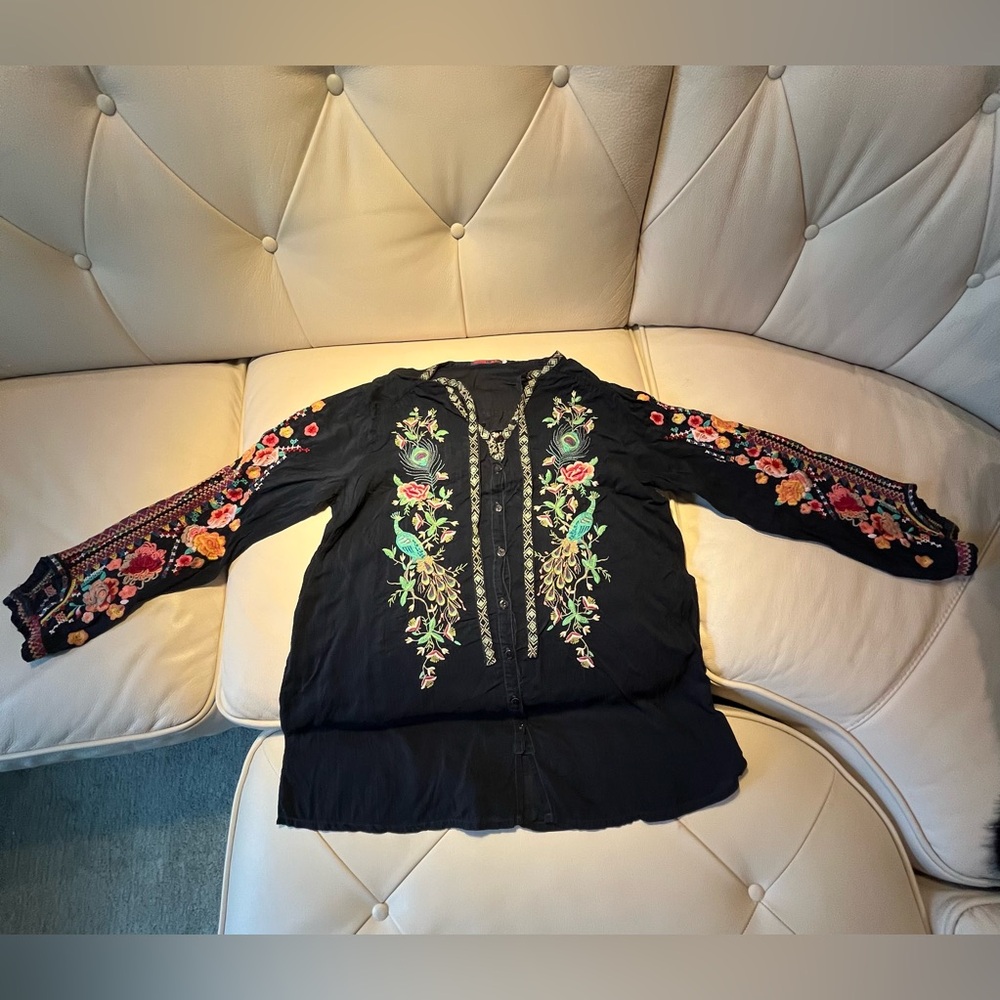 Johnny Was Blue Top with Floral Embroidery